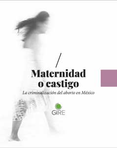 Portada del libro “Maternidad o castigo, la criminalización del aborto en México”. Está ilustrada con la fotografía de una mujer que porta un vestido blanco que simula caminar. La imagen está difuminada sobre un fondo blanco.