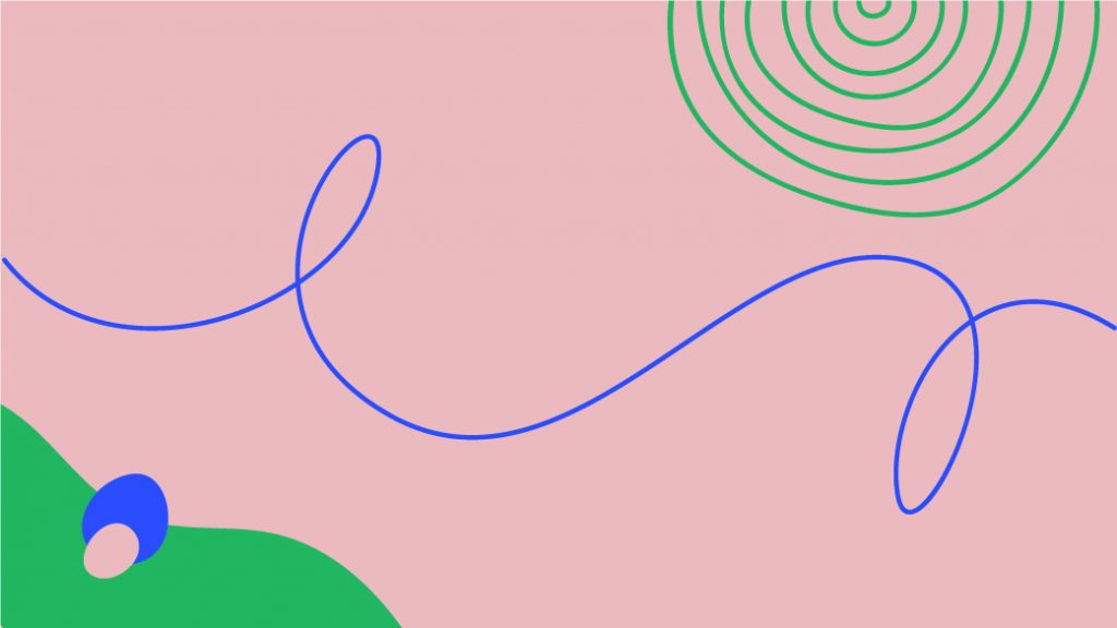 Banner que sobre un fondo rosado tiene líneas moradas y verdes