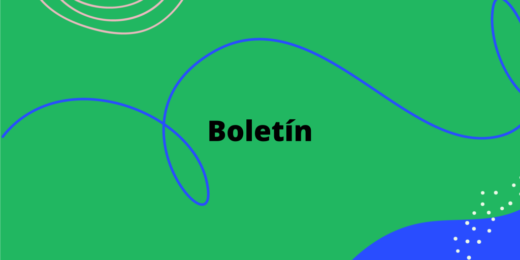 Es un fondo verde que está travesado por una línea azul asimétrica, en la parte inferior derecha tiene una figura asimétrica en color azul. En el centro se encuentra el texto "Boletín"