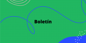 Es un fondo verde que está travesado por una línea azul asimétrica, en la parte inferior derecha tiene una figura asimétrica en color azul. En el centro se encuentra el texto "Boletín"