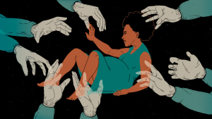 Es la ilustración de una mujer flotando sobre un fondo negro, la mujer vista con una bata de hospital. Aparcen mucha manos alrededor de ella.