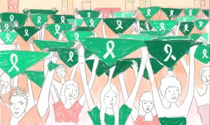 Portada del libro "Paso a paso: las sentencias de la Corte sobre aborto". Está ilustrada con dibujos de personas que alzan las manos y sostienen un pañuelo verde abortista.