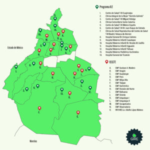 Mapa de la Ciudad de México donde están marcadas las clínicas y hospitales en las que se puede acceder a un aborto

