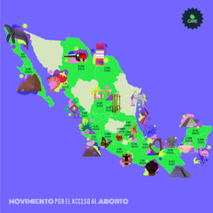 Ilustración de un mapa de la República mexicana que contiene elementos característicos de los Estados donde la interrupción del embarazo es legal. 
