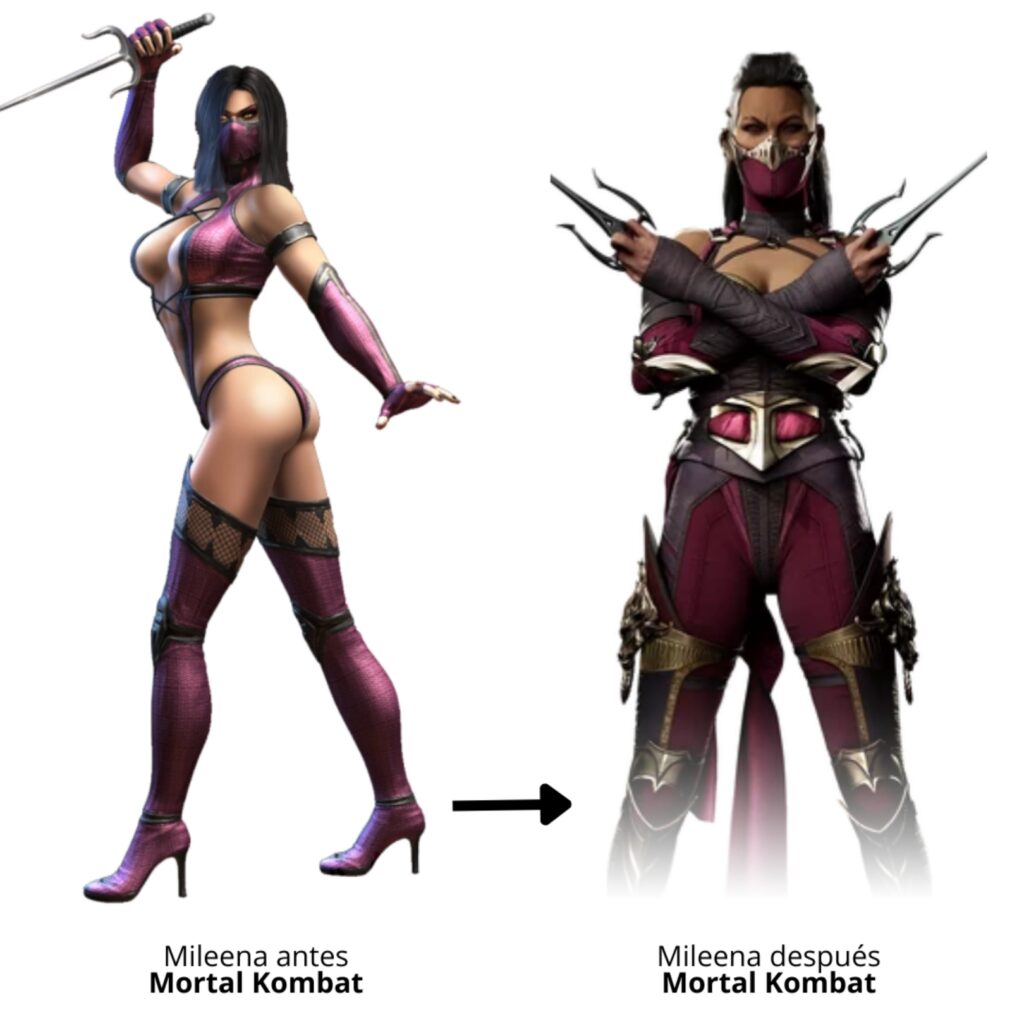Imagen que muestra la modificación visual de Mileena, personaje de Mortal Kombat. En la imagen de la izquierda se le ve con un bikini mientras que del lado derecho se le ve con un traje de guerrera.