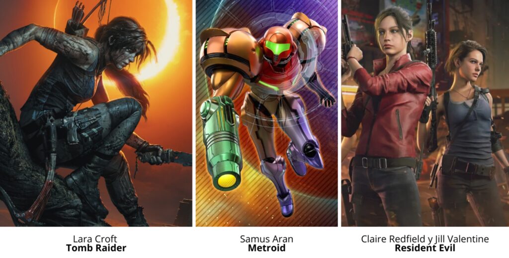 Imágen de Lara Croft de Tomb Raider, Samus Aran de Metroid, Claire Redfield y Jill Valentine de Resident Evil, todas personajes de videojuegos. 