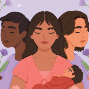 Está ilustrada con la imagen de tres personas, a dos de ellas se les ve embarazadas mientras que la tercera carga en sus brazos a un bebé.