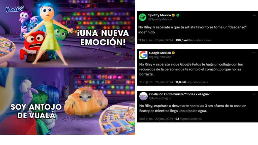 Cuatro memes creados a partir de la película animada Intensamente 2. Uno muestra escenas de la película con el texto “¡Una nueva emoción! Soy antojo de Vualá” mientras que el resto ejemplifica situaciones en las que el personaje principal puede experimentar ansiedad.