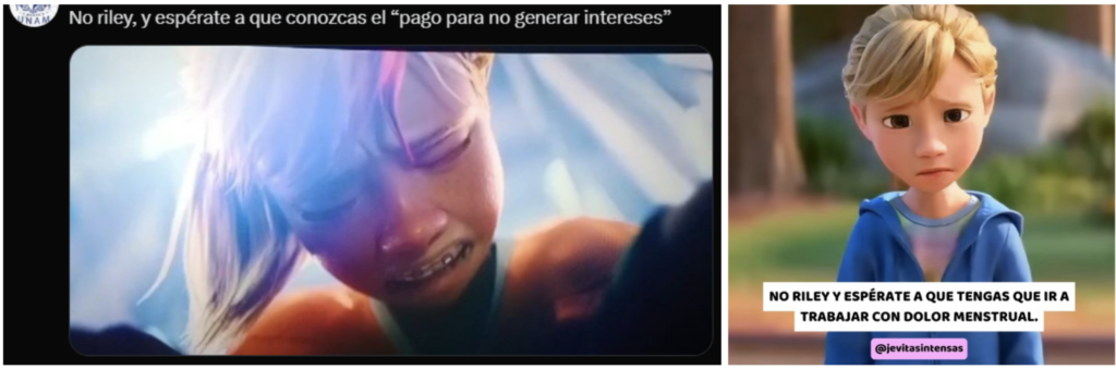 Dos memes creados a partir de la película animada Intensamente 2 en los que se ejemplifican situaciones en las que el personaje principal puede experimentar ansiedad.