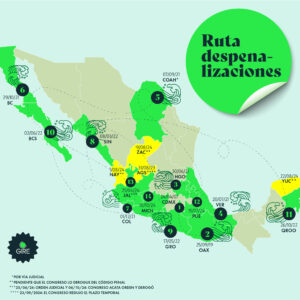 Mapa de la República mexicana que muestra la ruta de las entidades que han despenalizado el aborto. Estas son: CDMX, Oaxaca, Hidalgo, Veracruz, Coahuila, Baja California, Colima, Sinaloa, Guerrero, Baja California Sur, Quintana Roo, Puebla, Jalisco y Michoacán. En Aguascalientes el congreso redujo el plazo temporal. En Nayarit, Zacatecas y Yucatán está pendiente que el congreso lo derogue del código penal.