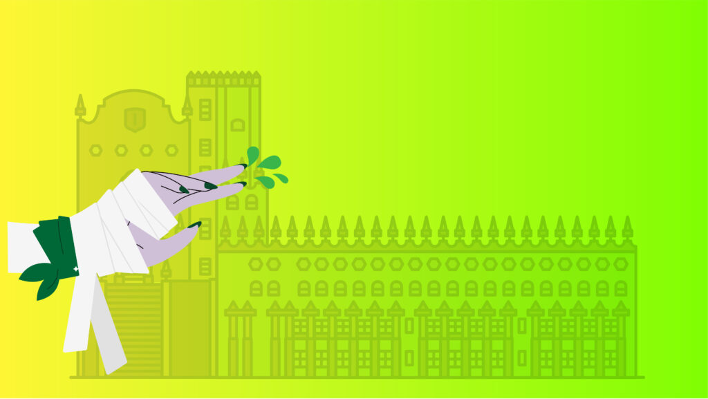 Banner que está ilustrado con la imagen de la mano de una momia que tiene en su muñeca un pañuelo verde