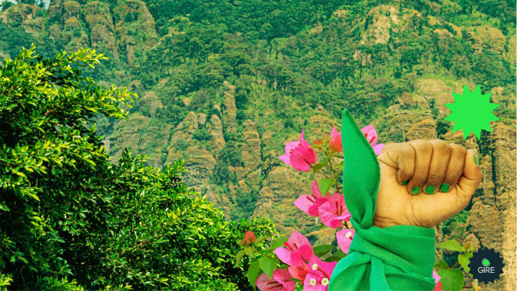 Banner que está ilustrado con la fotografía de un puño en alto con un pañuelo verde que está frente a un paisaje montañoso y flores