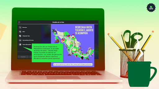 Ejemplo de cómo redactar una descripción alternativa para una imagen que se publicará en redes sociales. Contiene una ilustración de un mapa de la República mexicana. A un lado aparece el texto: ‘Desde Baja hasta Yucatán el aborto se acompaña. Las redes de personas que sostienen abren caminos donde el sistema pone barreras’