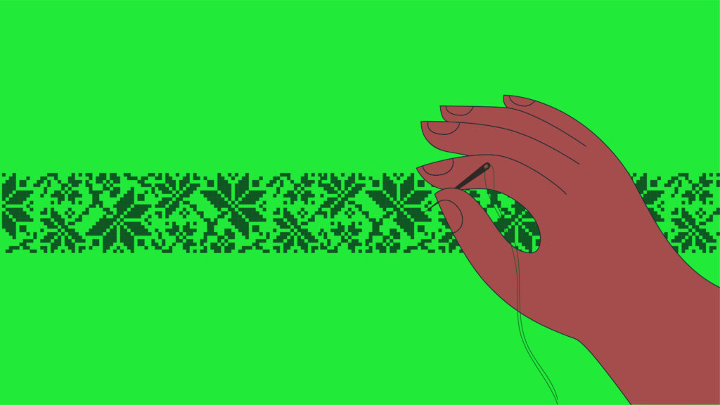 Ilustración de una mano que sostiene una aguja con hilo verde.