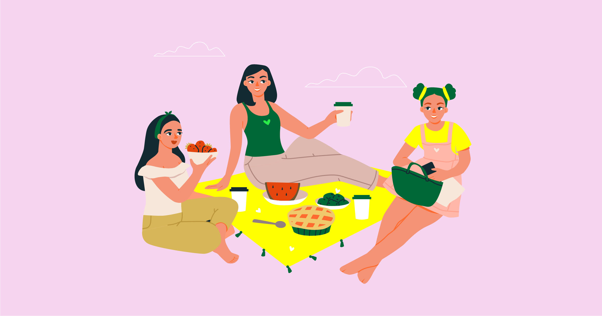 Banner del blog “Tips que nos ayudan a desconectar para conectar”. Contiene la ilustración de tres mujeres haciendo un picnic.