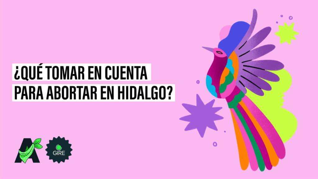 Banner que sobre un fondo color rosa tiene la ilustración de un bordado hidalguense. Le acompaña el texto “¿Qué tomar en cuenta para abortar en Hidalgo?”