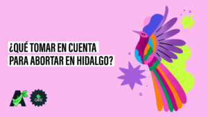 Banner que sobre un fondo color rosa tiene la ilustración de un bordado hidalguense. Le acompaña el texto “¿Qué tomar en cuenta para abortar en Hidalgo?”