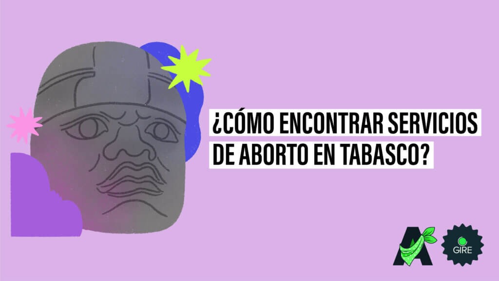 Banner que sobre un fondo color morado tiene la ilustración de una cabeza olmeca. Le acompaña el texto “¿Cómo encontrar servicios de aborto en Tabasco?”