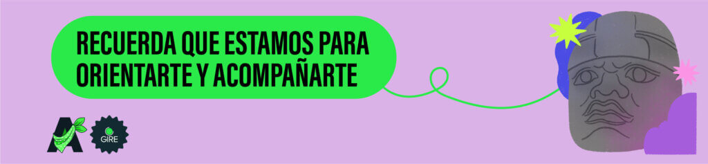 Sobre un fondo color morado está la ilustración de una cabeza olmeca. Le acompaña el texto “Recuerda que estamos para orientarte y acompañarte”.