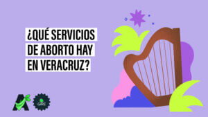Banner que sobre un fondo color morado tiene la ilustración de un arpa veracruzana. Le acompaña el texto “¿Qué servicios de aborto hay en Veracruz?”.