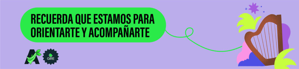 Sobre un fondo color morado tiene la ilustración de un arpa veracruzana. Le acompaña el texto “Recuerda que estamos para orientarte y acompañarte”.