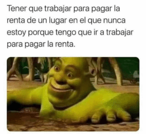 Meme que tiene un fotograma de la película de Shrek. Tiene el texto: “Tener que trabajar para pagar la renta de un lugar en el que nunca estoy porque tengo que ir a trabajar para pagar la renta”. 