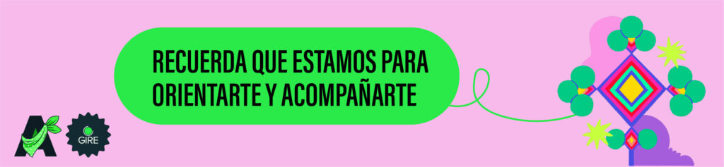 Sobre un fondo color verde está la ilustración de un ojo de Dios huichol. Le acompaña el texto “Recuerda que estamos para orientarte y acompañarte”.