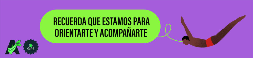 Sobre un fondo color morado está la ilustración de una persona lanzándose de la quebrada en Acapulco. Le acompaña el texto “Recuerda que estamos para orientarte y acompañarte”.