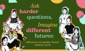 Portada del informe: "Ask harder questions,imagine different futures: Reflections on gender-based violence work". Está ilustrada con una imagen en blanco y negro de seis mujeres diversas que conversan y discuten alrededor de la computadora.