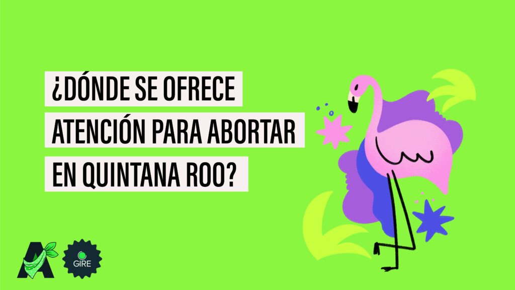 Banner que sobre un fondo color verde tiene la ilustración de una flamingo. Le acompaña el texto “¿Dónde se ofrece atención para abortar en Quintana Roo?”.
