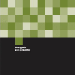 Portada del documento 'Una agenda por la igualdad', el cual visibiliza algunas de las barreras que enfrentan las mujeres en su búsqueda por la igualdad y la justicia.   Está ilustrada en la parte superior por cuadrados de diferentes tonos de verdes y en la parte inferior por el color negro.