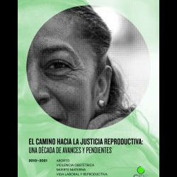 Portada del libro 'El camino hacia la justicia reproductiva: una década de avances y pendientes. De 2010 a 2021 contiene los temas aborto, violencia obstétrica, muerte materna, reproducción asistida y vida laboral y reproductiva'. Está ilustrada con la fotografía a medio rostro de una mujer adulta morena.