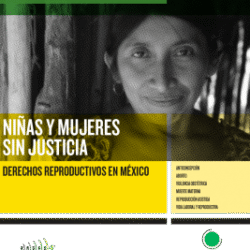 Portada del informe 'Niñas y mujeres sin justicia. Derechos reproductivos en México'.  Está ilustrada con la fotografía en blanco y negro de la cara de una mujer morena.