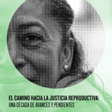 Portada del libro 'El camino hacia la justicia reproductiva: una década de avances y pendientes. De 2010 a 2021 contiene los temas aborto, violencia obstétrica, muerte materna, reproducción asistida y vida laboral y reproductiva'. Está ilustrada con la fotografía a medio rostro de una mujer adulta morena.